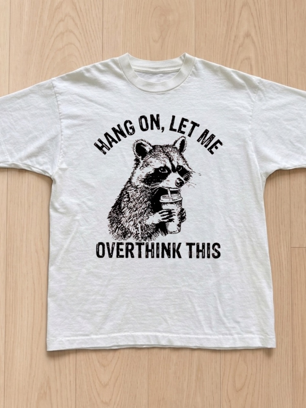 Gildan White Short Sleeve Tee with Black Raccoon Graphic and Overthink Text